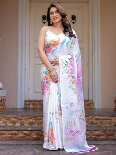 Image of ALMAARI FASHION Women's Floral Printed Georgette Satin Saree with Unstitched Blouse Piece | Traditional Ethnic Wear Sarees | Soft Lightweight Ethnic Office Wear Daily Wear Indian Sari (SG 181-190 F)