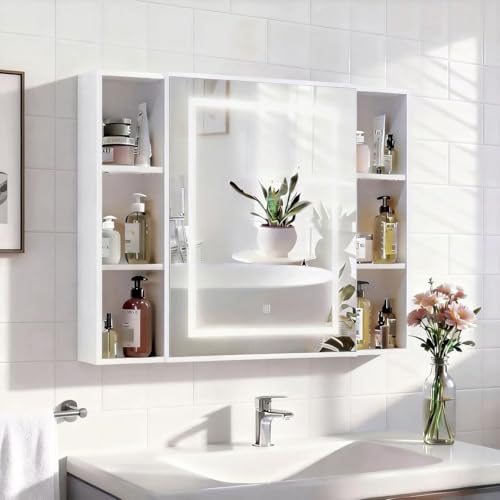 KEEPREAPER Spiegelschrank Bad mit Beleuchtung,Spiegelschrank mit LED-Beleuchtung & Offenen Regalen – 3-Farben-LED, Helligkeitsregelung & HD-Spiegel für Badezimmer (100x76x13.5cm)