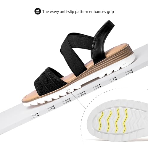 Image of Saidoteto Women's Flat Sandals,Comfortable Elastic Ankle Strap Slingback Slip-On Open Toe Low Wedge Walking Sandals for Summer & Casual