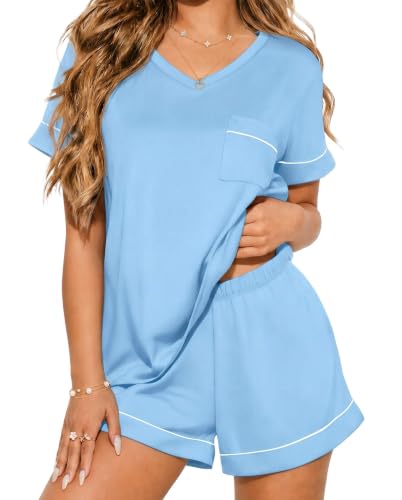 Image of Ekouaer Pajama Sets for Women 2 Piece Short Sleeve Lounge Shorts Set
