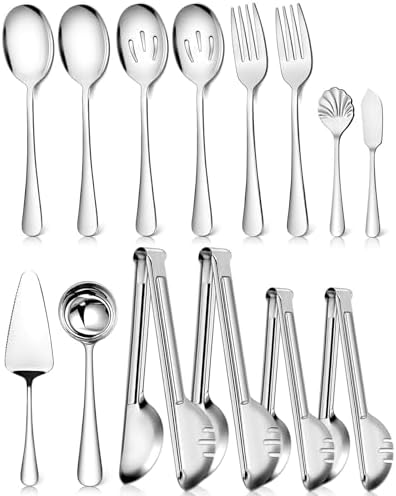 Teivio 14pcs Silver Stainless Steel Large Serving Utensils Set,Include Serving Spoons/Forks/Tongs,Slotted Spoons,Soup Ladles,Butter Knife,Sugar Spoon,Cake Server,for Buffet/Chafing Dish