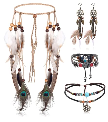 LOLIAS 4 Teiliges Indianer Kopf Schmuck Set Lederhalskette Und Feder Ohrringe Für Damen Handgefertigtes Armband Vintage Boho Hippie Tribal Mottoparty Karneval Schmuck