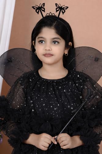 Image of Girls Glitter Tulle Tiered Gown with Butterfly Wings, Ruffle Detail, Fairy Costume Dress
