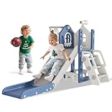 BIERUM 5 in 1 Toddler Slide - L-Shaped Baby Slide for Toddlers Aged 1-3 with Basketball Hoop, Telescope Toy and Anti-Slip Pads, Indoor Outdoor Toddler Playset, Blue Gray