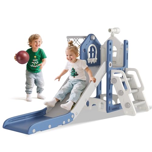 BIERUM 5 in 1 Toddler Slide - L-Shaped Baby Slide for Toddlers Aged 1-3 with Basketball Hoop, Telescope Toy and Anti-Slip Pads, Indoor Outdoor Toddler Playset, Blue Gray
