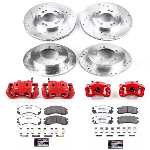 Image of PowerStop Front and Rear Brake Kit for Eagle Talon 1995-97 |Mitsubishi Eclipse 1995-99 - Z26 Carbon-Fiber Ceramic Brake Pads + Drilled & Slotted Disc Rotors + Red-Powder Coated Calipers, KC802-26