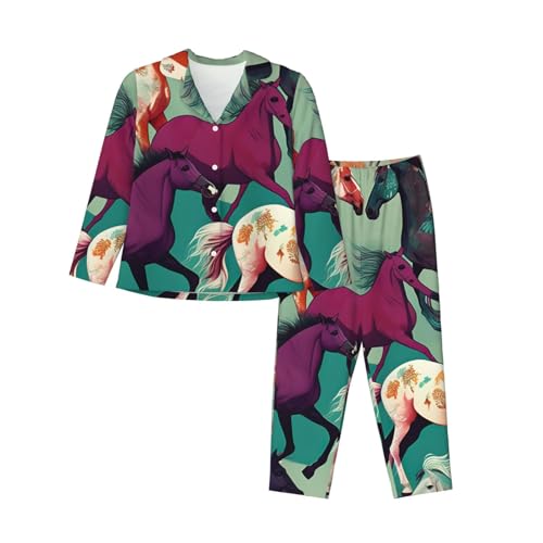 Pyjama 2 pièces pour femme vêtements de nuit manches longues motif chevaux