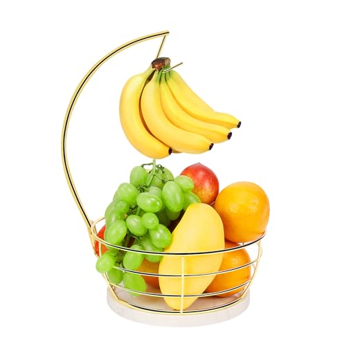 Livabber Countertop Fruit Basket Bowl with Banana Hanger Modern Standing Fruit Vegetable Bowl Storage with Banana Tree Holder for Kitchen Dinning Table (Round Marble Gold)