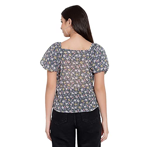 Image of FNOCKS Women Button Closure Short Sleeves Floral Printed Tops /Georgette Fabric