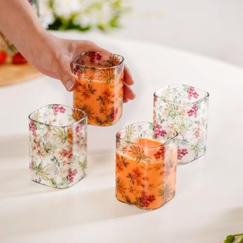 Image of Nestasia Printed Borosilicate Glasses Set of 4 (230ml Each) - 100% Food Safe & Durable Glassware with Vibrant Floral Design | Small Square-Shaped Tumblers for Water, Juice, Mocktails & Iced Tea