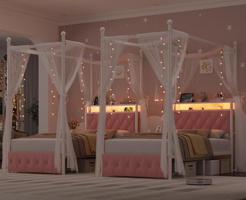 HIFIT Set of 2 Girls Twin Upholstered LED Canopy Bed Frame with Charging Station & Storage Drawer, Button Tufted Storage Headboard w/Bookshelf, Two-Use Kids Platform Bed frame w/4 Removable Post, Pink