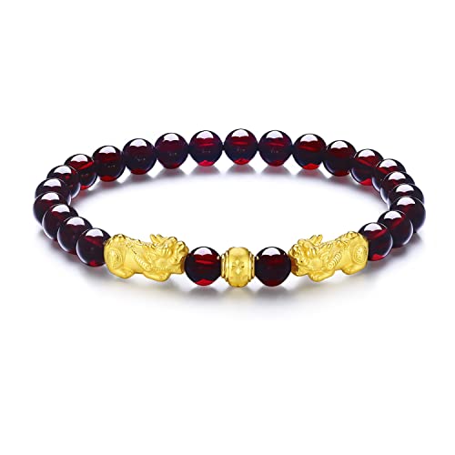 24K Solid Gold Bracelet for Women, Real Pure Gold Jewelry Fortune Pixiu Garnet Beaded Bracelet for Men