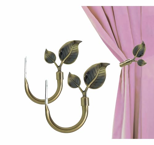 Rbeusau Leaf Shaped Heavy Duty Curtain Holdbacks 2pcs, Traditional Style Antique Brass Handmade Metal Curtain Tiebacks for Wall, Curtain Tie Hook Pull Backs for Drapes Window Home Decoration