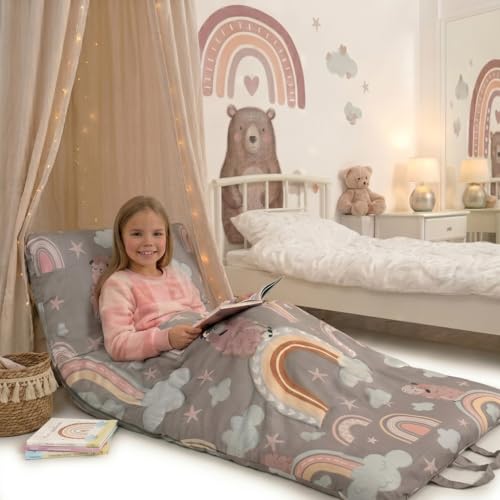 Image of Kids Sleeping Bag - 61 inch Extra-Long Slumber Bag with Detachable Pillow - All Seasons for Older Children & Girls - Large Portable Indoor Bedding for Home, Travel & Naps
