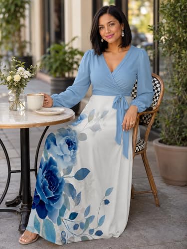 Image of PinkPatty Plus Size Dresses for Curvy Women V Neck Flowy Long Sleeves Wrap Maxi Dress Travel Vacation Outfits