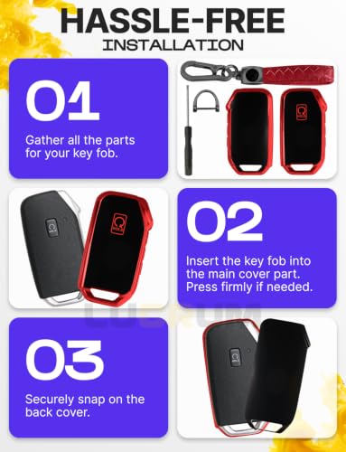 Image of Lucrum Key Fob Cover for Kia, TPU KeyFob Case & Leather Keychain | Fits NOT FLIP Sportage Soul Forte Telluride EV6 Niro K5 Stinger, 5 Buttons (2018-2025) - Red and Black