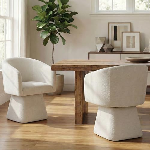 Image of VKNOW Upholstered Swivel Dining Chairs Set of 2 with Barrel Back and Arm | Modern Accent Arm Chair with Thickened Cushion, Soft Chenille Fabric, for Dining Room, Living Room, Vanity, Beige