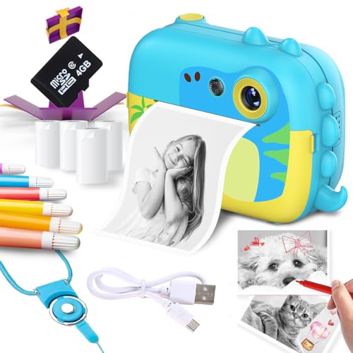 Image of Wembley 8MP Instant Print Digital Camera for Kids 3 4 5 6, Years Dino Design with Print Paper Rolls 4GB SD Card Shoulder Strap | Video Recorder Games Photo Filters Effects | Perfect for Birthday Gift
