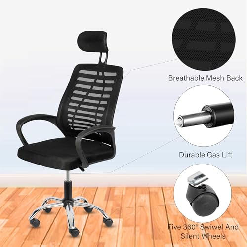 Image of Casa Copenhagen,Mesh Office Desk,Rocking, Ergonomic Computer Chair Adjustable High with Headrest and Comfortable Armrest Swivel Chair - Oak Black & Black Handle