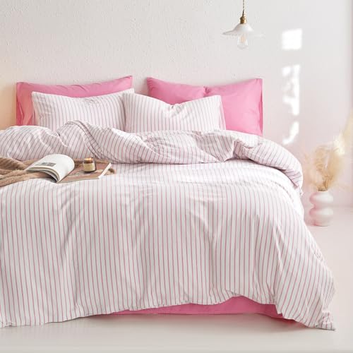 Image of Wake In Cloud - Striped Cotton Duvet Cover Set, Ticking Stripe Vertical Pinstripe Farmhouse, 100% Washed Cotton Textured Bedding Set, 3 Pieces, Pink White, Full Size