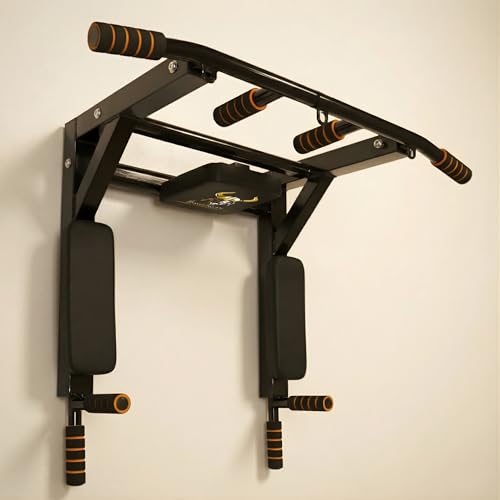 Image of BARBARIAN Heavy Duty Wall Mount Pull Up Bar 3-in-1, Chin Up Bar & Dip Station for Home Gym, Multi-Grip Strength Training Equipment with Steel Frame & 150kg Capacity