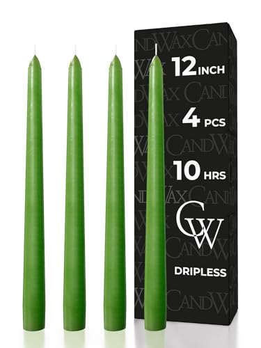 CANDWAX 12 inch Taper Candles Set of 4 - Dripless, Unscented, Long Burning Dinner Candles - Grass Green Candles