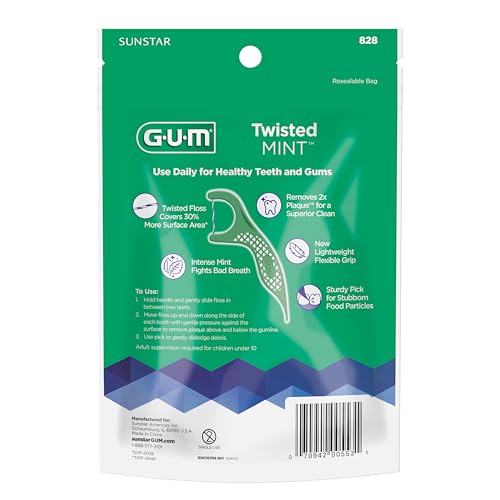 Image of GUM Twisted Mint Dental Floss Picks, Twisted Threads with Shred-Resistant Floss & Easy-Grip Handle, Mint Flavor, 90 Count