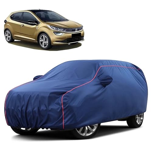 Image of Sulfar 100% Water Resistant Car Body Cover Compatible with Mirror for Tata Altroz (Triple Stitched, Full Bottom Elastic, Blue Taffeta with Red Piping)