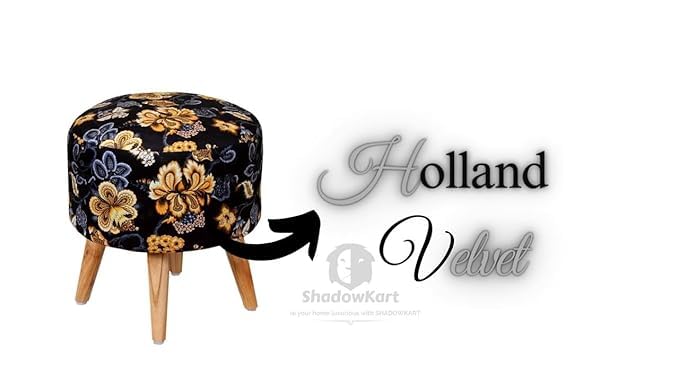 Image of Ottoman for Living Room, Velvet Round Foot Rest Stool, Wooden Legs Chair for Sitting, Ottoman for Bedroom & Makeup Room Decor | Chair (18 inchx18 inchx32 inch), Puffy (16 inchx16 inchx17 inch) | (Black Lily)