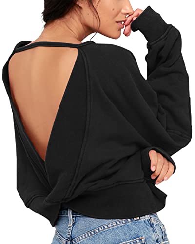 ReachMe Womens Open Back Sweatshirts Crop Backless Long Sleeve Shirts Off The Shoulder Crewneck Workout Tops