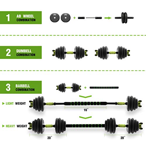 ER KANG 3 in 1 Adjustable Dumbbell Set, 88lbs Free Weights Fitness Dumbbells with Connecting Rod Used As Barbell, Ab Roller Wheel for Home Gym, Workout, Whole Body Training, 2 Pieces, (1 Pair/Set) - Thumbnail 5