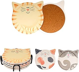 Drink Coasters with Holder, Absorbent Coaster Sets of 4, Cat Pattern Ceramic Drink Coaster for Tabletop Protection,Suitable for Kinds of Cups, Wooden Table,4 Inches