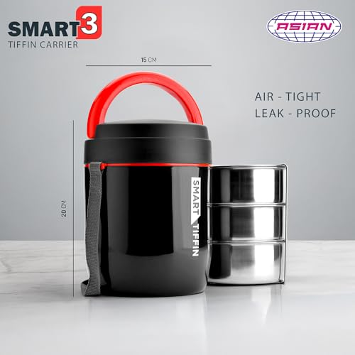 Image of Asian Plastowares - Tiffin Carrier 3 | Insulated Lunch Box | Compact | 3 Containers | Lunch Box for Adult | Leak-Proof | Ideal for Office or School | Black