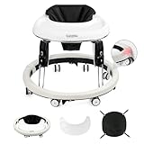 Uuoeebb Baby Walker with Wheels, Anti-Collision Design One-Touch Folding Baby Walker, Anti-Roll 8-Wheel Round Chassis, 7-Gear Height Adjustable, with Large Dinner Plate and Brake for Baby from 6-18M