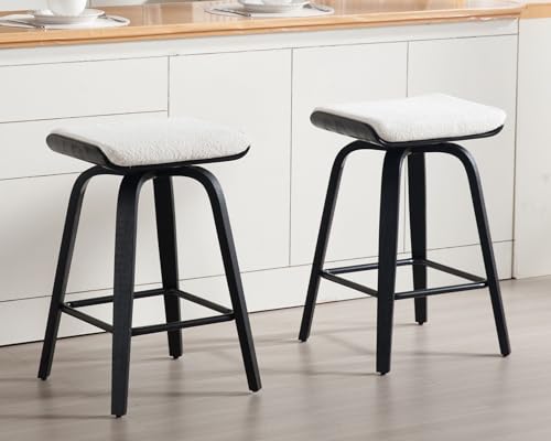 Image of HNY 26 inch Swivel Bar Stools Set of 2, Backless Counter Height Bar Stools with Removable Boucle Cushion, 360 Swivel Wooden Saddle Stools with Footrest for Kitchen Island, Home Bar & Small Spaces, White