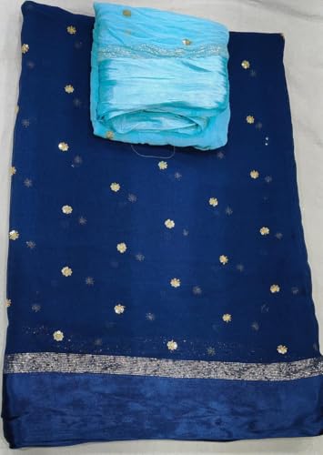 Image of Pure Georgette Sequence Work Saree with Contrast Blouse, Satan Patta Fabric