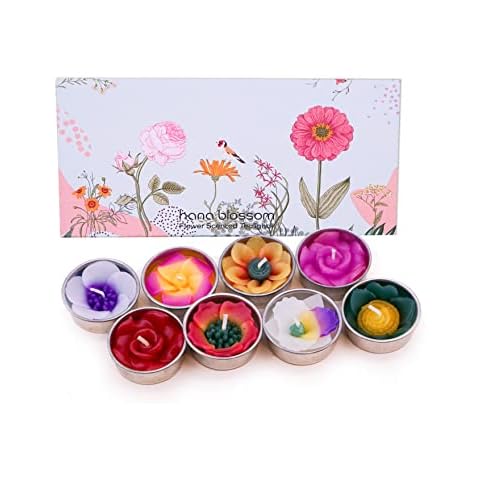 Hana Blossom Mixed 8 Handmade Fairly trade scented Flower tealight Candles in Assorted Designs and Colours Gift Set, Multicoloured Cover