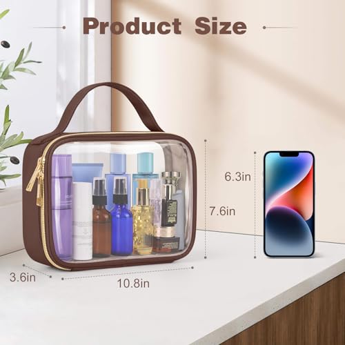 Image of Wedama Clear Toiletry Bag, 2 Pack Clear Makeup Bags with Handles, Large Travel Bags PVC Cosmetic Bag for Women and Men, Carry on Airport Airline Compliant Bag, Brown