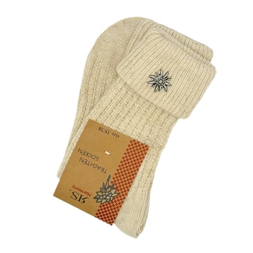 BF Souvenirs Damen und Herren Trachtensocken im modernen Landhaus-Stil mit Edelweiß-Pin – handgekettelte Naht – Qualitätssocken mit Leinen Anteil – Oktoberfest Volksfest Tracht Landhaus