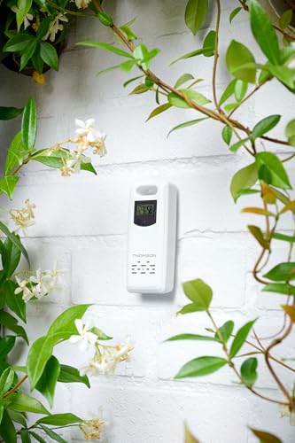 THOMSON Enceinte Bluetooth 5.3 et Station Météo Sans Fil, Radio FM, Horloge Radiopilotée, Thermomètre et Hygromètre Intérieur/Extérieur, Qualité de l'Air, Structure Bois - Blanc - WS102TWH
