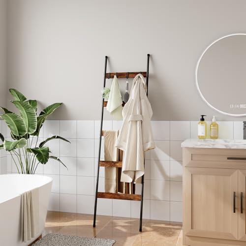 ELYKEN 2 Pack Blanket Ladder for Living Room, Farmhouse 5-Tier Quilt Holder with 4 Removable Hooks for Bathroom, Wood Towel Rack Display, Wall Anchor Leaning Decorative Stand for Home, Rustic Brown