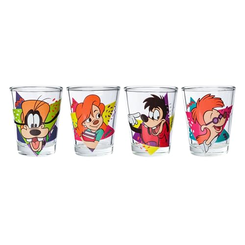 Image of Silver Buffalo Disney A Goofy Movie Featuring Goofy, Max Goof, Roxanne and Bobby Zimuruski 4 Pack Mini Glass Set, 1.5 ounces