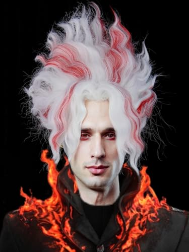 Image of O-karun Cosplay Wig for Men Short Curly White and Red Wave Wig White Costume Male Wigs for Unisex Halloween Party Women