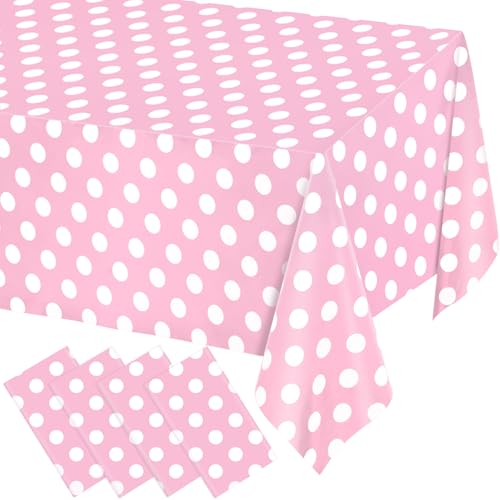 Image of WNINK 4 Pack Light Pink and White Polka Dot Tablecloths, Pink Disposable Plastic Table Cover for Birthday, Wedding, Bachelor, Pink Girl Party, and Picnic Camping Parties 54 inch x 108 inch