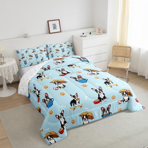 Image of Feelyou Kids Full Size French Bulldog Comforter Set Cartoon Dog Bedding Set Dog Animal Comforter for Kids Boys Girls Pet Dog Duvet Insert Kids Bedroom Decor Microfiber Bed Set