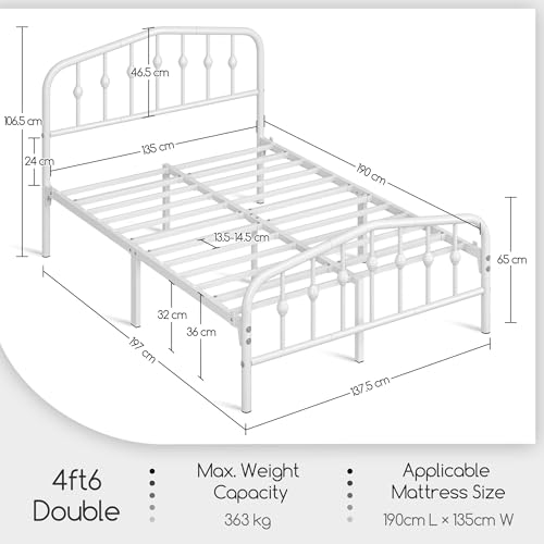 Yaheetech 4ft6 Double Bed Frames Slatted Metal Bed with Crown-inspired Design Headboard/Spacious Under-bed Storage White