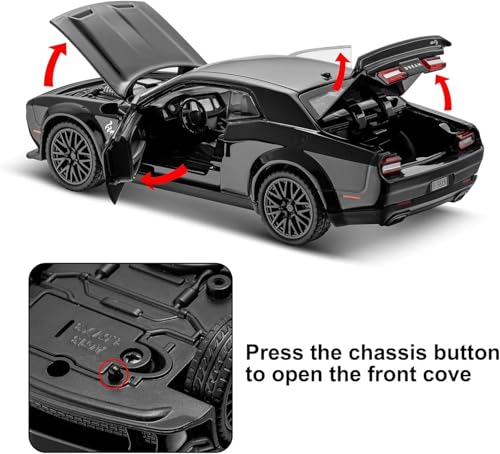 Image of 1:32 Scale Dodge Challenger Hellcat Die-Cast Metal Toy Car with Lights & Sound, Pull Back Action, Openable Doors, Hood & Trunk | Alloy Sports Car Model (1:32 Hellcat Dodge Challenger-Black 123)