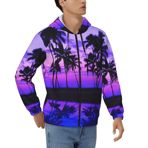 Sweat à capuche zippé motif palmiers imprimé sunset violet coupe homme décontractée