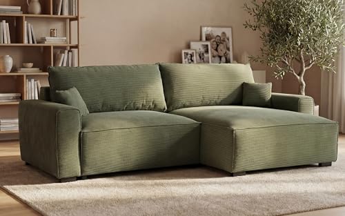 BUDWING Lauren Sofá Cama 3 Plazas – Chaise Longue Reversible con Almacenaje – Estilo Moderno, Tejido Resistente de 380 g/m² – 269x158x96 cm – Verde Bosque