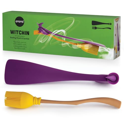A 2-in-1 spatula and basting brush disguised as a witch on a broomstick — the broom IS the brush, which is genuinely clever character design.